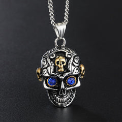 Halloween Blue Zircon Carved Skull Titanium Steel Necklace for Men