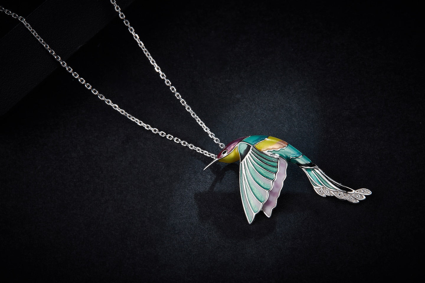 Hummingbird Green Enamel Silver Necklace