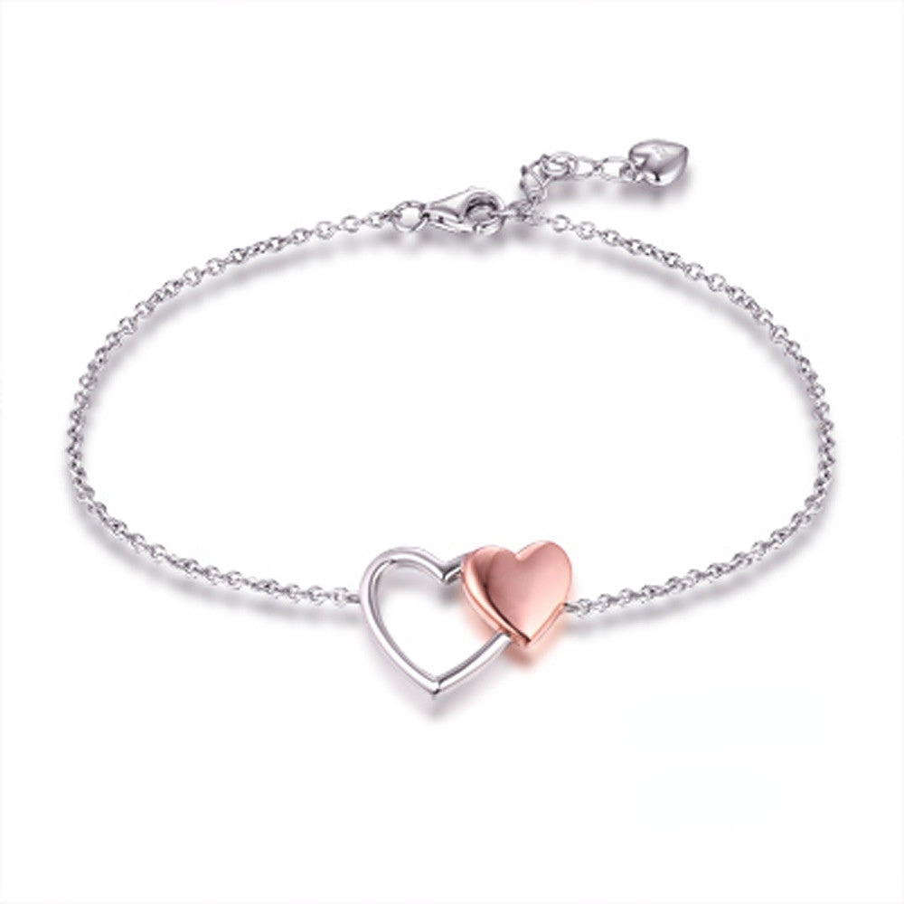 Hollow Heart Splicing Rose Golden Heart Silver Bracelet for Women