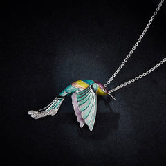 Hummingbird Green Enamel Silver Necklace