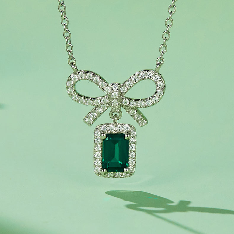 Bowknot with Rectangle Green Zircon Necklace