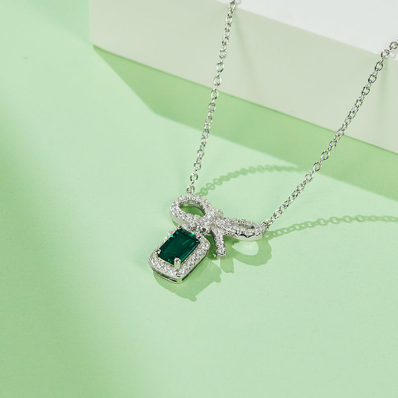 Bowknot with Rectangle Green Zircon Necklace