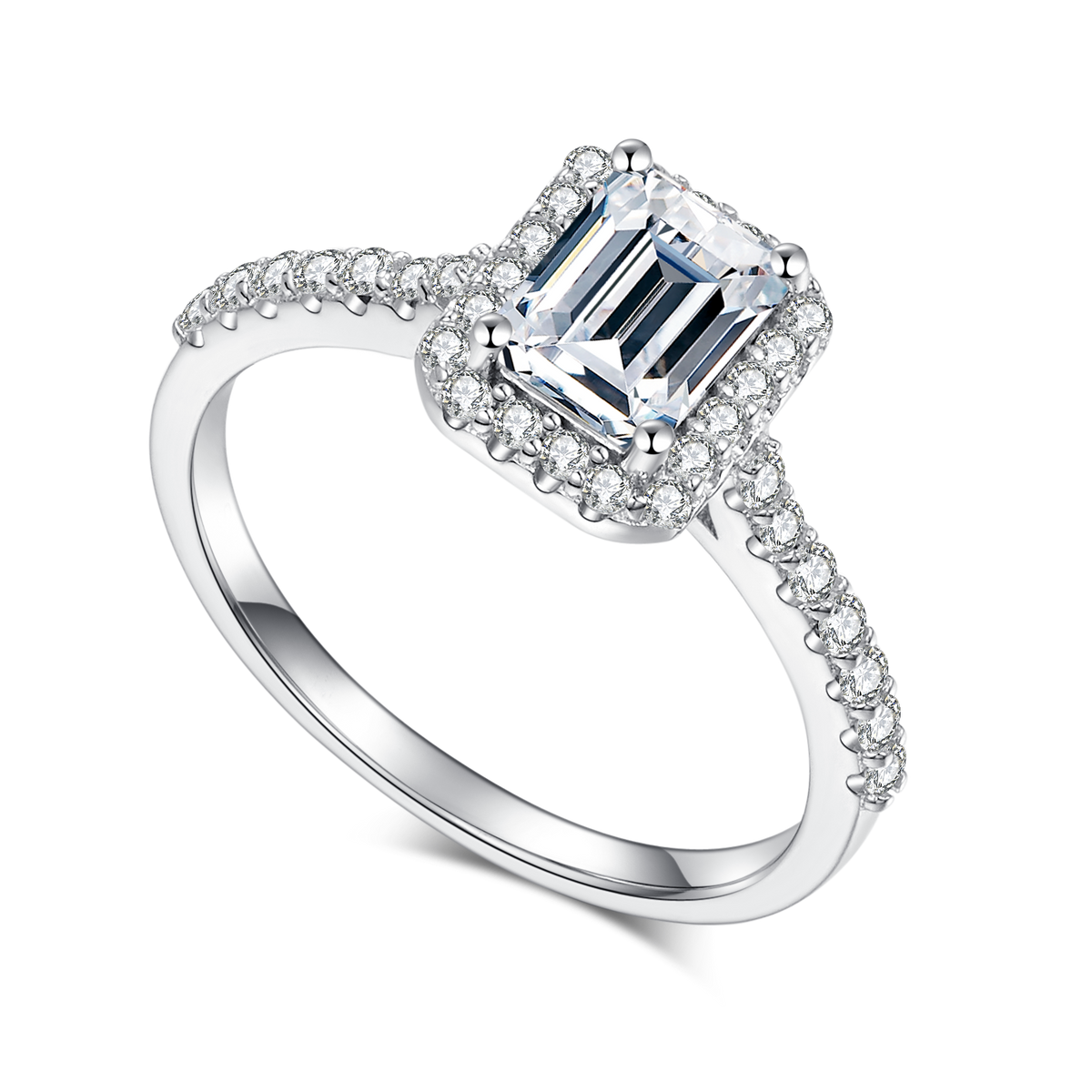 Cathedral Halo 1.0Carat Emerald Cut Moissanite Ring