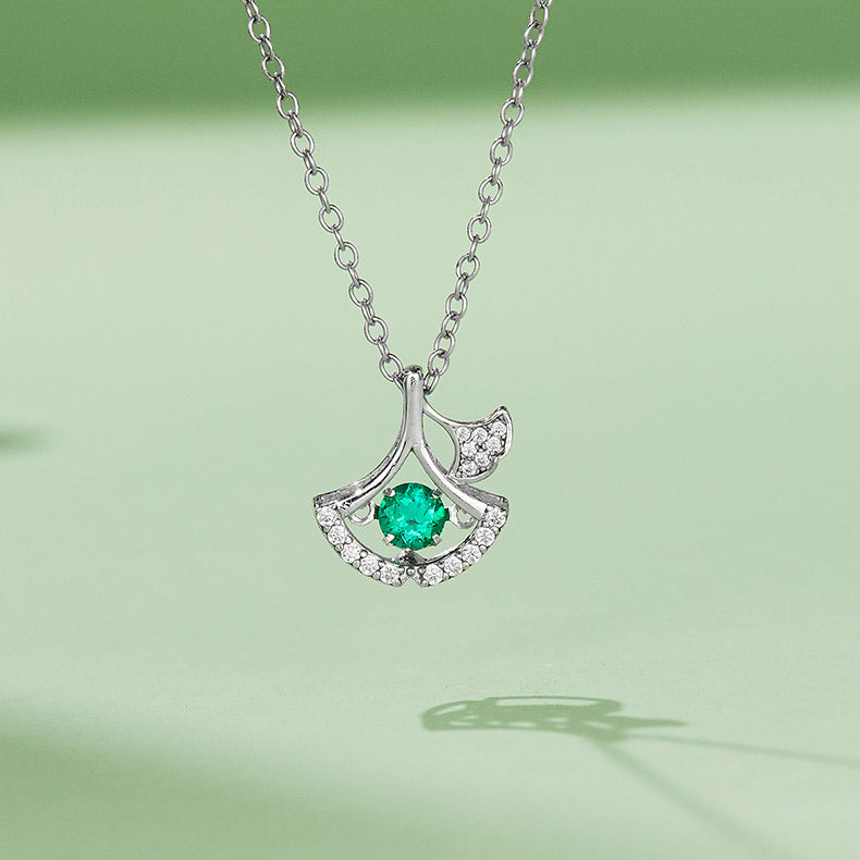 Ginkgo Leaf with Round Green Zircon Necklace