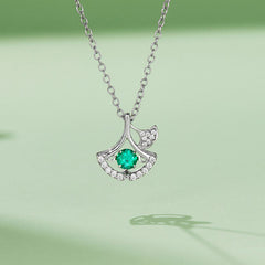 Ginkgo Leaf with Round Green Zircon Necklace