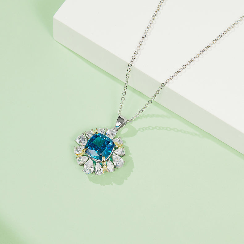 Petals Halo Cushion Cut Blue Zircon Necklace