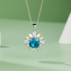 Petals Halo Cushion Cut Blue Zircon Necklace