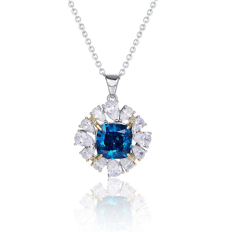 Petals Halo Cushion Cut Blue Zircon Necklace