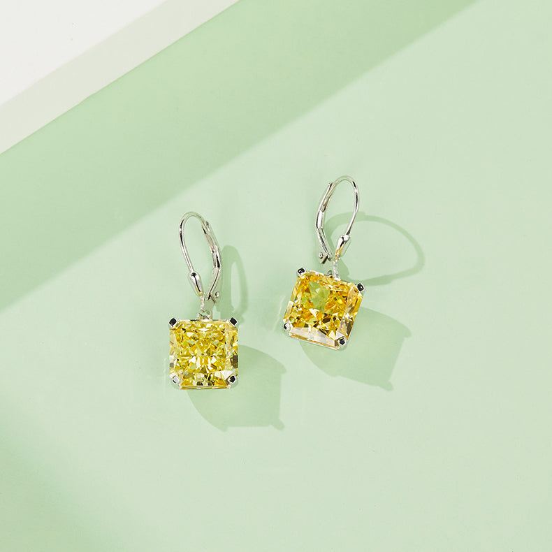 Solitaire Square Yellow Zircon Drop Earrings