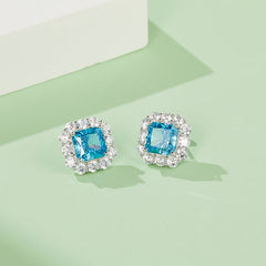 Halo Square Blue Zircon Stud Earrings