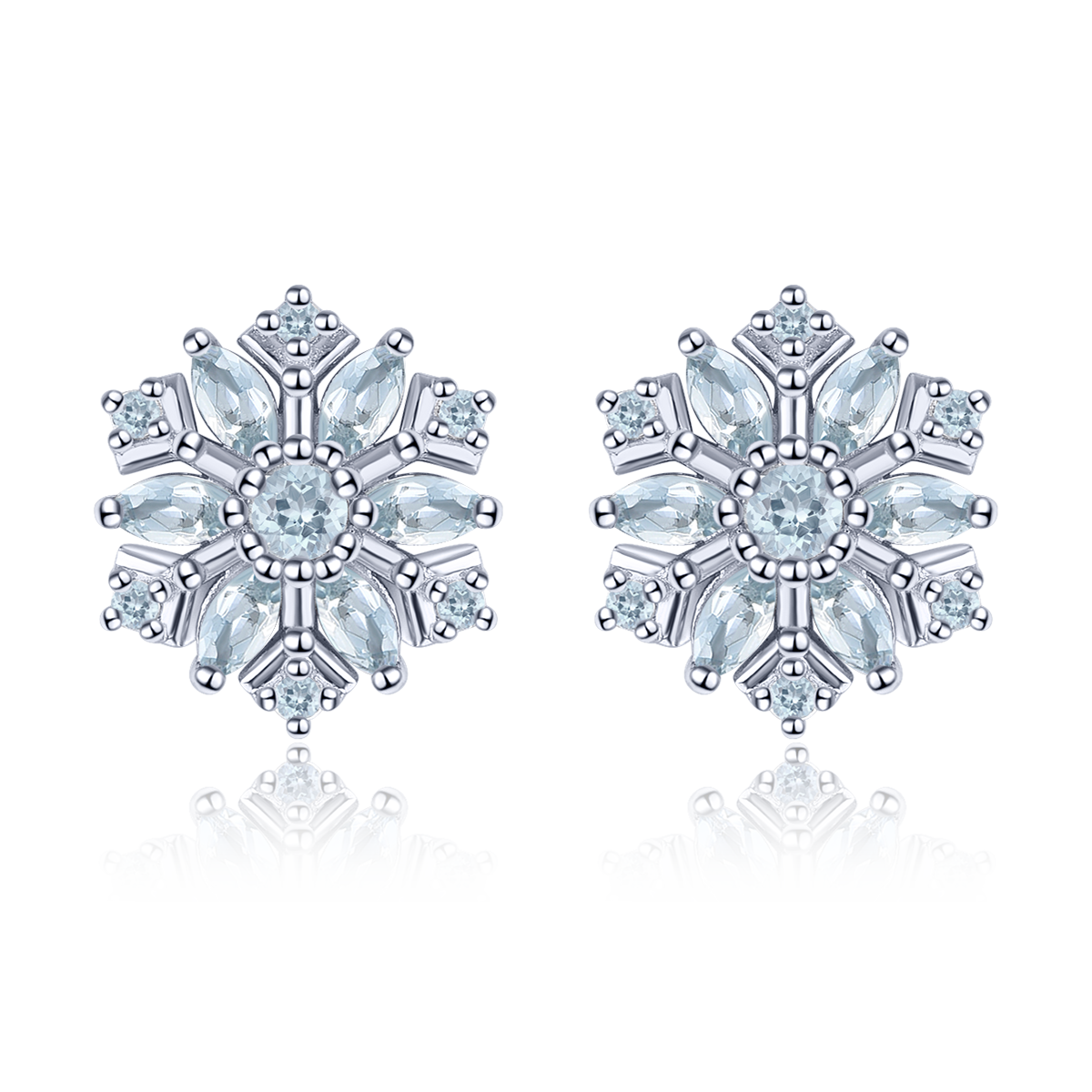 Aquamarine Stone Snowflake Stud Earrings