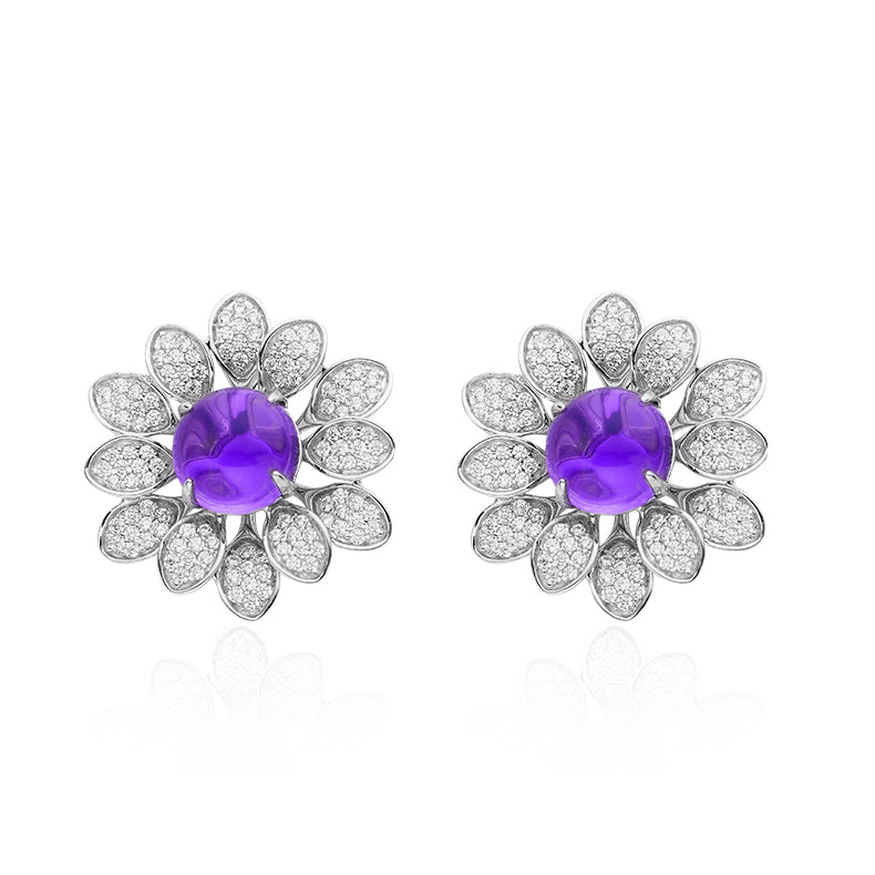 Round Purple Crystal Flower Stud Earrings
