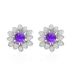 Round Purple Crystal Flower Stud Earrings