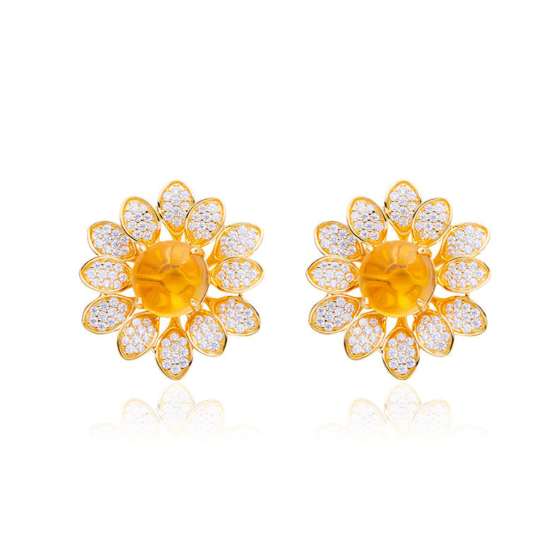 Round Yellow Crystal Flower Stud Earrings