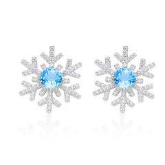 Snowflake with Round Blue Topaz Stud Earrings