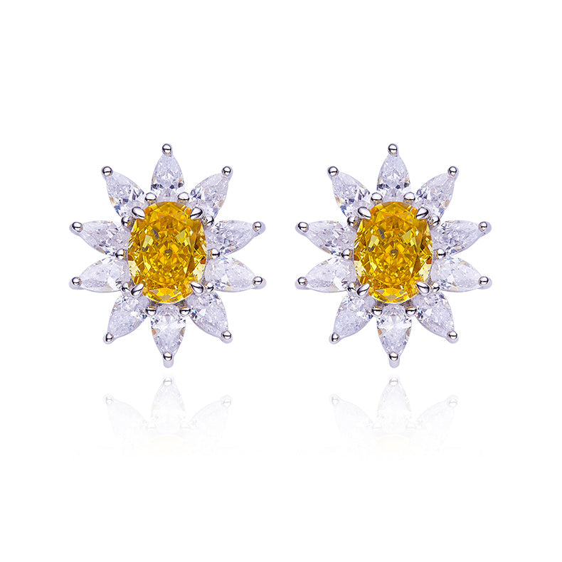 3.2Carat Oval Yellow Zircon Flower Shape Studs