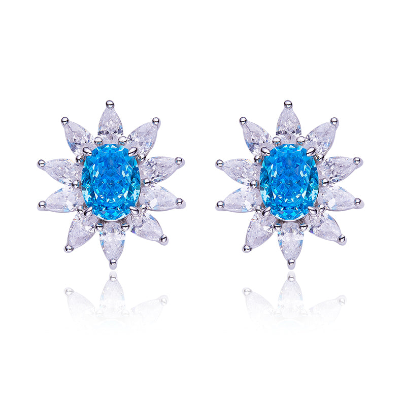 3.2Carat Oval Blue Zircon Flower Shape Studs