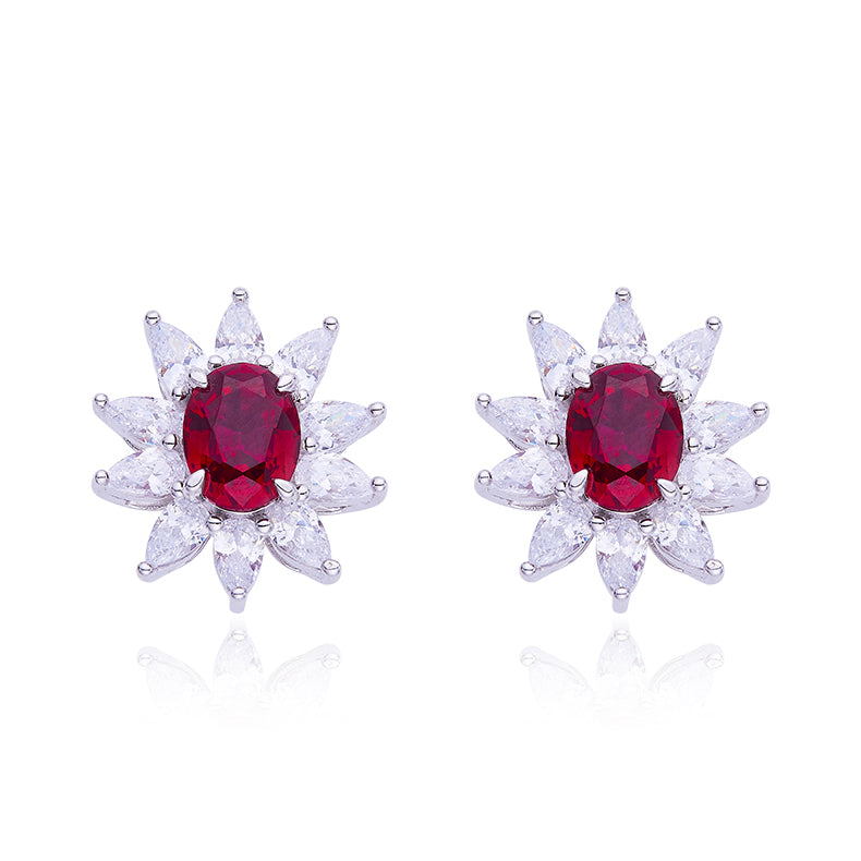 3.2Carat Oval Red Zircon Flower Shape Studs