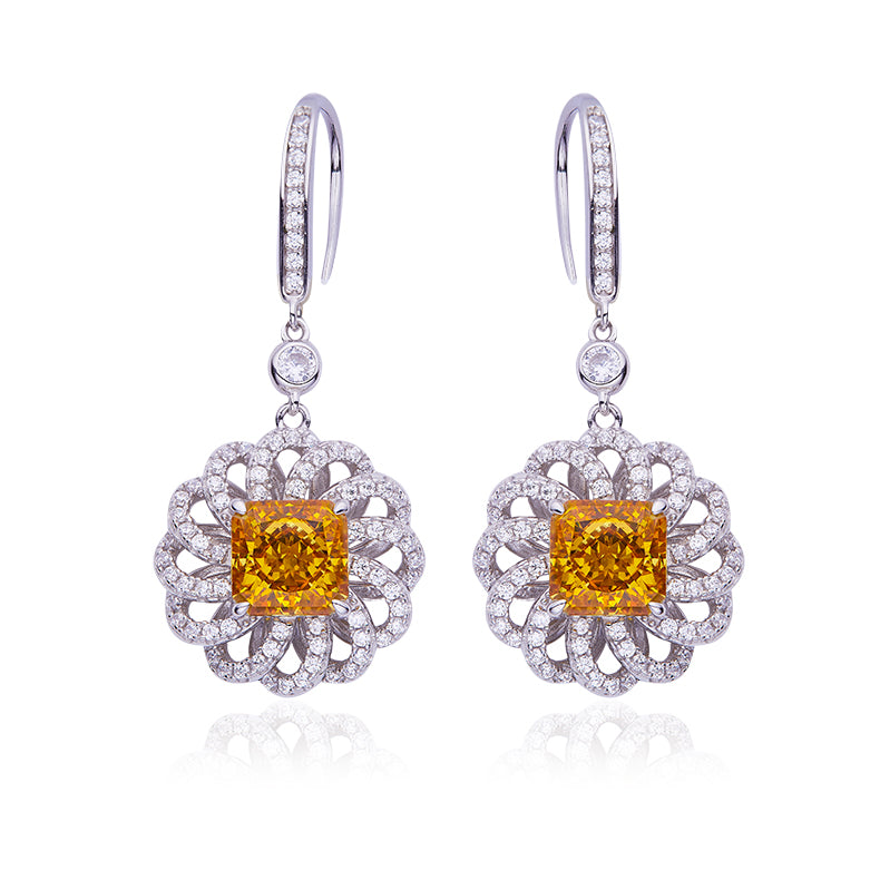 2.0Carat Square Yellow Zircon Flower Hook Earrings