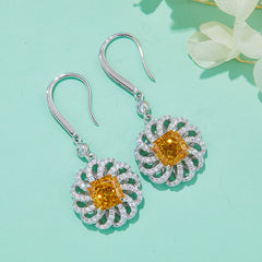 2.0Carat Square Yellow Zircon Flower Hook Earrings