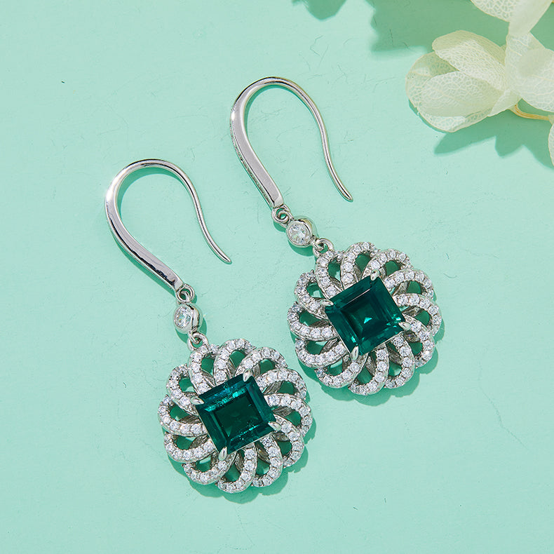 2.0Carat Square Green Zircon Flower Hook Earrings