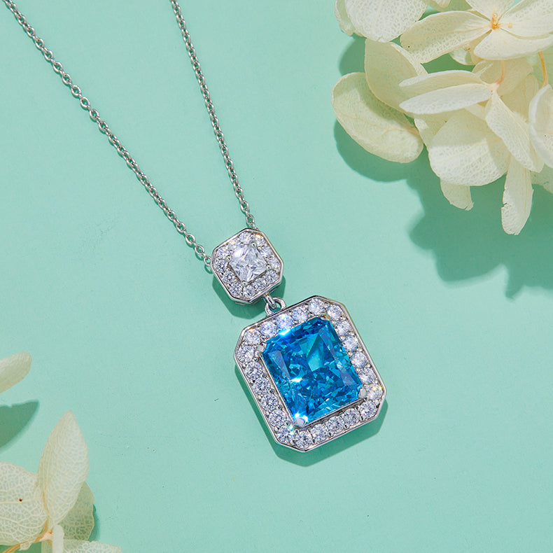 Halo 13.5Carat Rectangle Blue Zircon Necklace