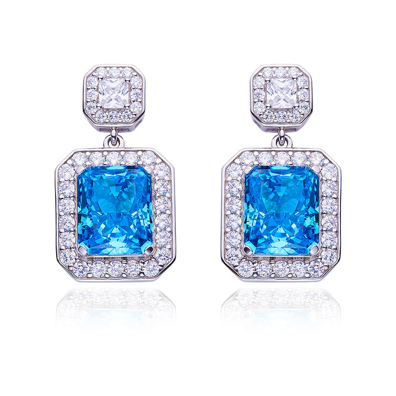 13.5Carat Rectangle Blue Zircon Halo Drop Earrings