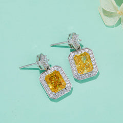 13.5Carat Rectangle Yellow Zircon Halo Drop Earrings