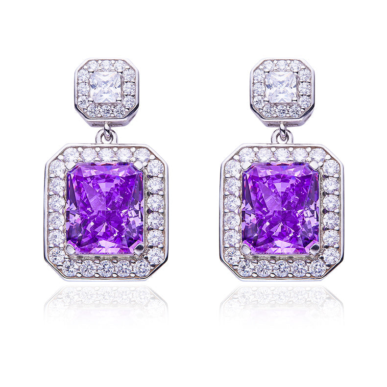 13.5Carat Rectangle Purple Zircon Halo Drop Earrings