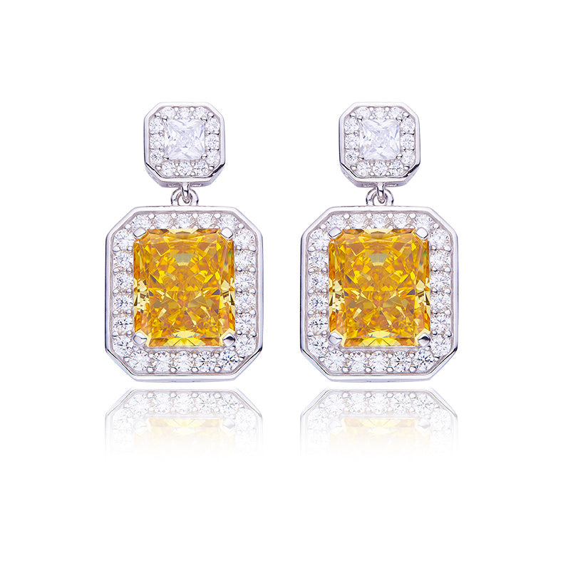 13.5Carat Rectangle Yellow Zircon Halo Drop Earrings