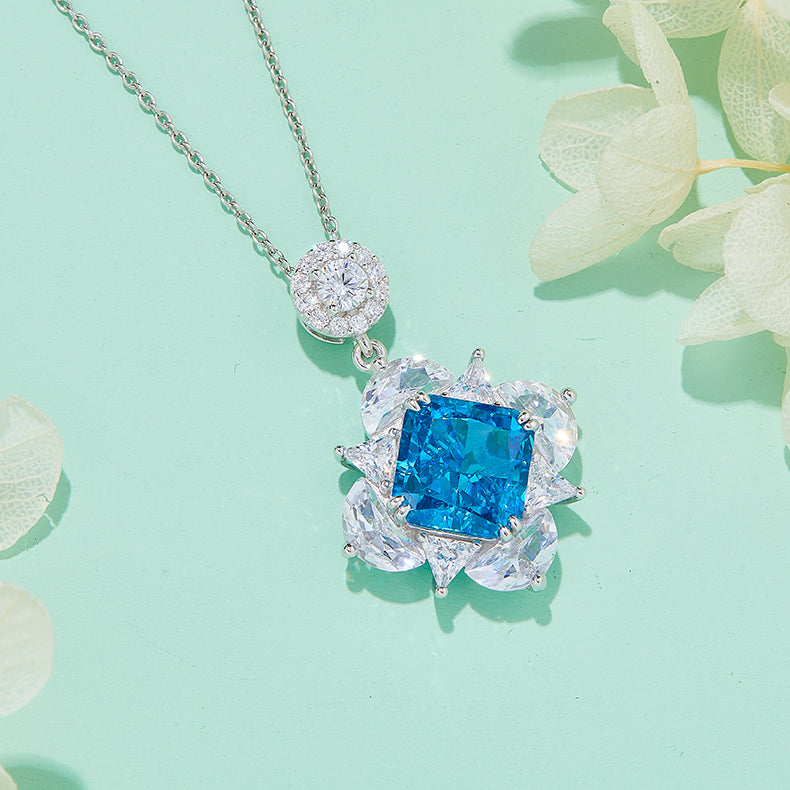 12.3Carat Square Blue Zircon Flower Necklace