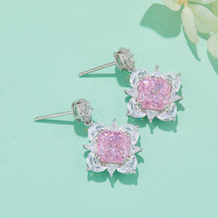 12.5Carat Square Pink Zircon Flower Drop Earrings