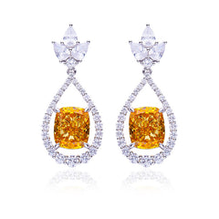 12.7Carat Cushion Cut Yellow Zircon Water Drop Earrings