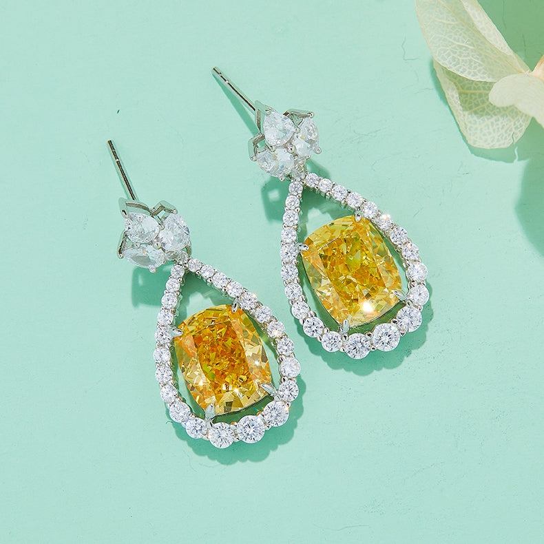 12.7Carat Cushion Cut Yellow Zircon Water Drop Earrings