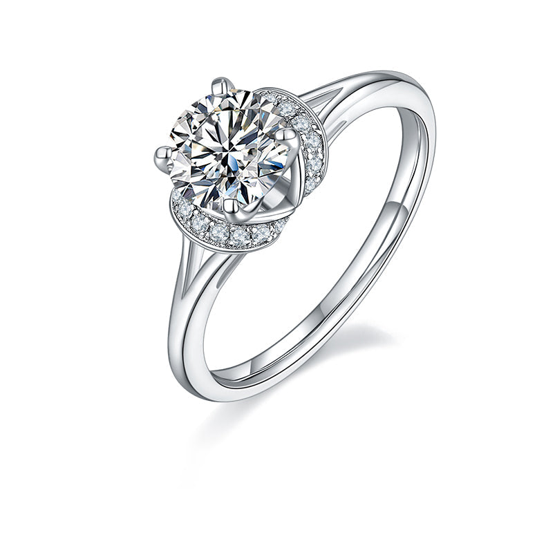 Double Petal Halo 1.0Carat Round Moissanite Engagement Ring