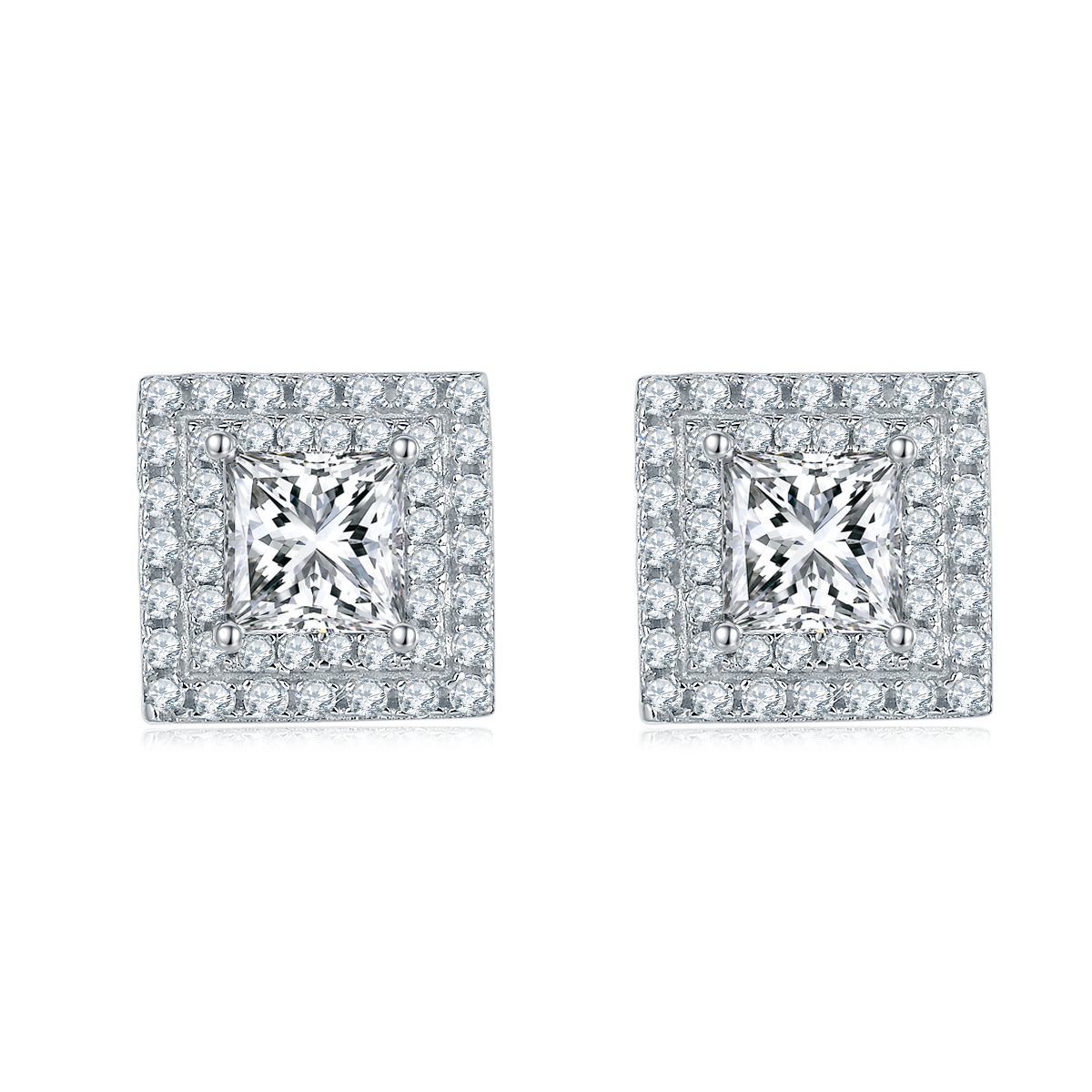 Double Square Soleste Halo 0.5 Carat Princess Cut Moissanite Studs Earrings