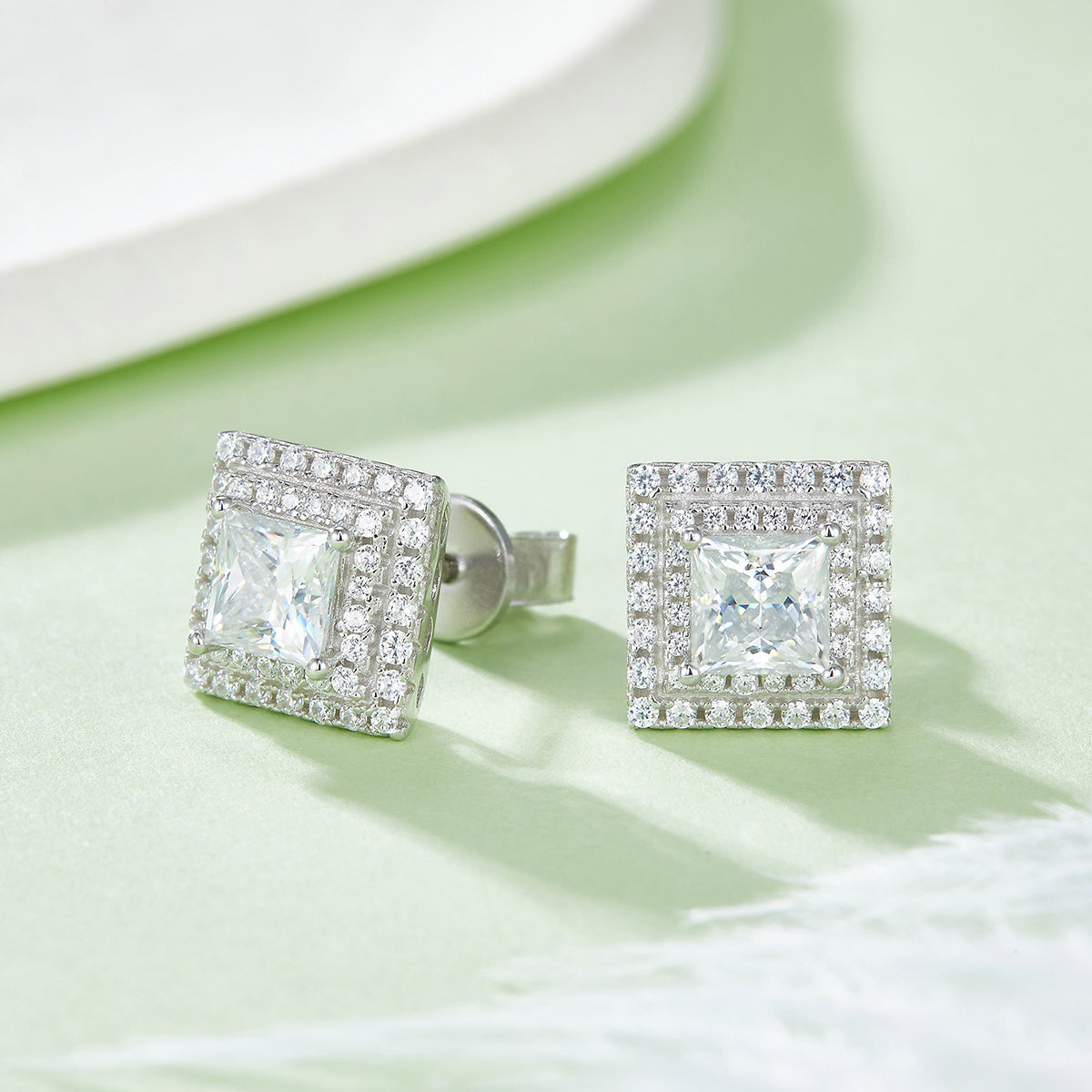 Double Square Soleste Halo 0.5 Carat Princess Cut Moissanite Studs Earrings