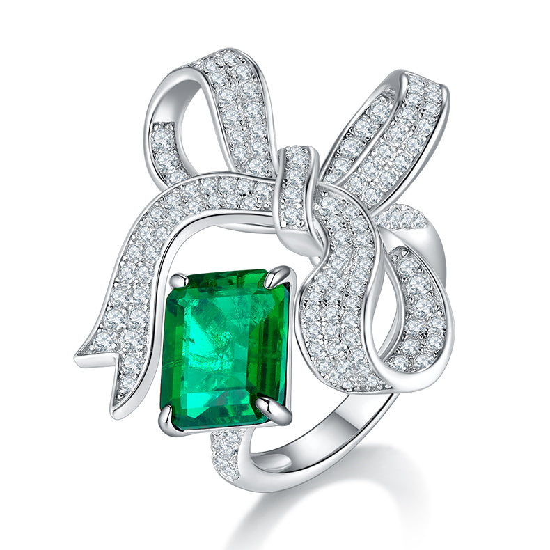 Opening Bowknot Rectangle Lab Created Emerald Silver Ring