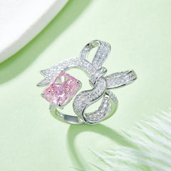 Opening Bowknot Rectangle Zircon Silver Ring