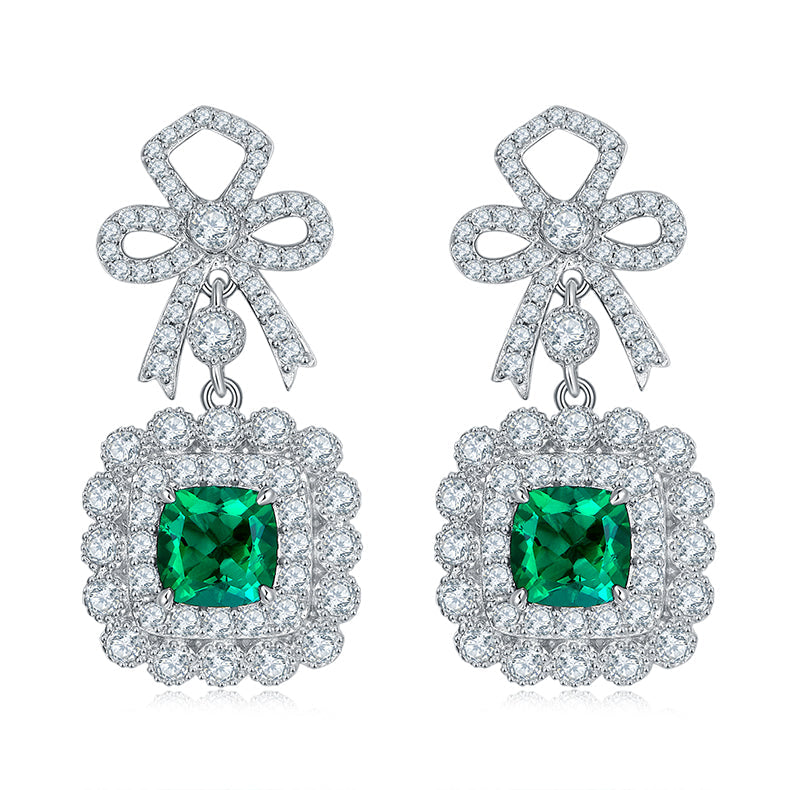 Bowknot 12.7 Carat Square Lab Created Emerald Drop Earrings