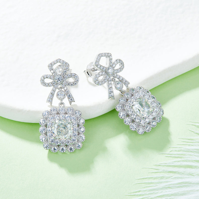 Bowknot Luxury Halo 12.7 Carat Cushion Cut Zircon Drop Earrings