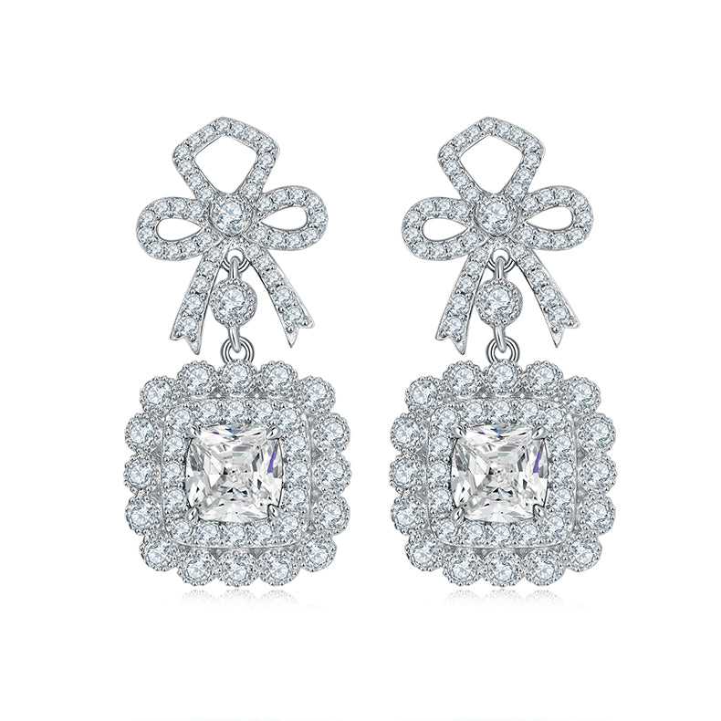 Bowknot Luxury Halo 12.7 Carat Cushion Cut Zircon Drop Earrings