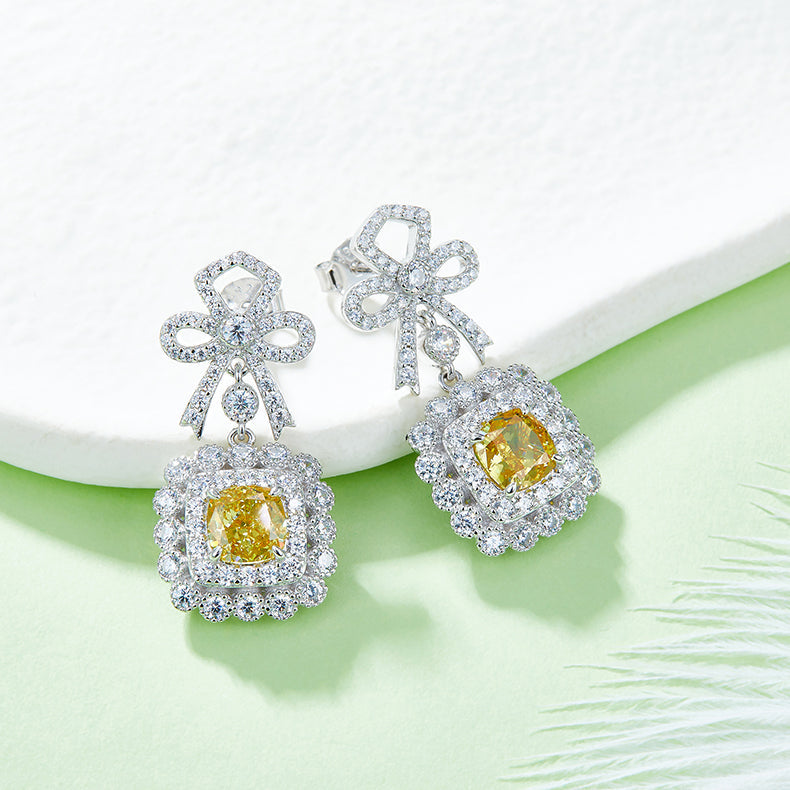 Bowknot Luxury Halo 12.7 Carat Cushion Cut Zircon Drop Earrings