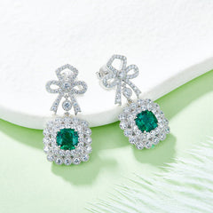 Bowknot 12.7 Carat Square Lab Created Emerald Drop Earrings