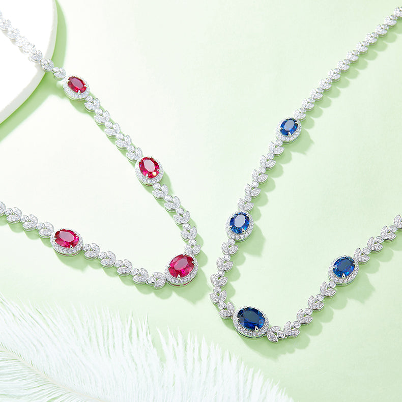 Leaf Oval Cut Lab Created Ruby Necklace