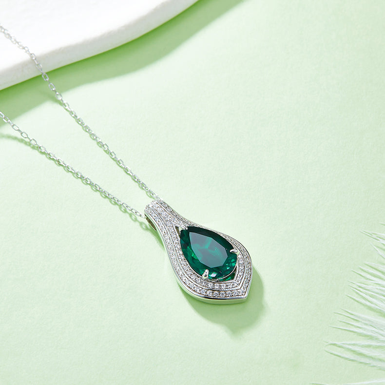 Stylish Halo 9.0 Carat Pear Shape Lab Created Emerald Necklace