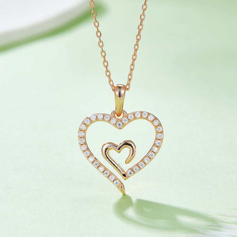 Heart in Heart Shape Pendant Moissanite Sterling Silver Necklace