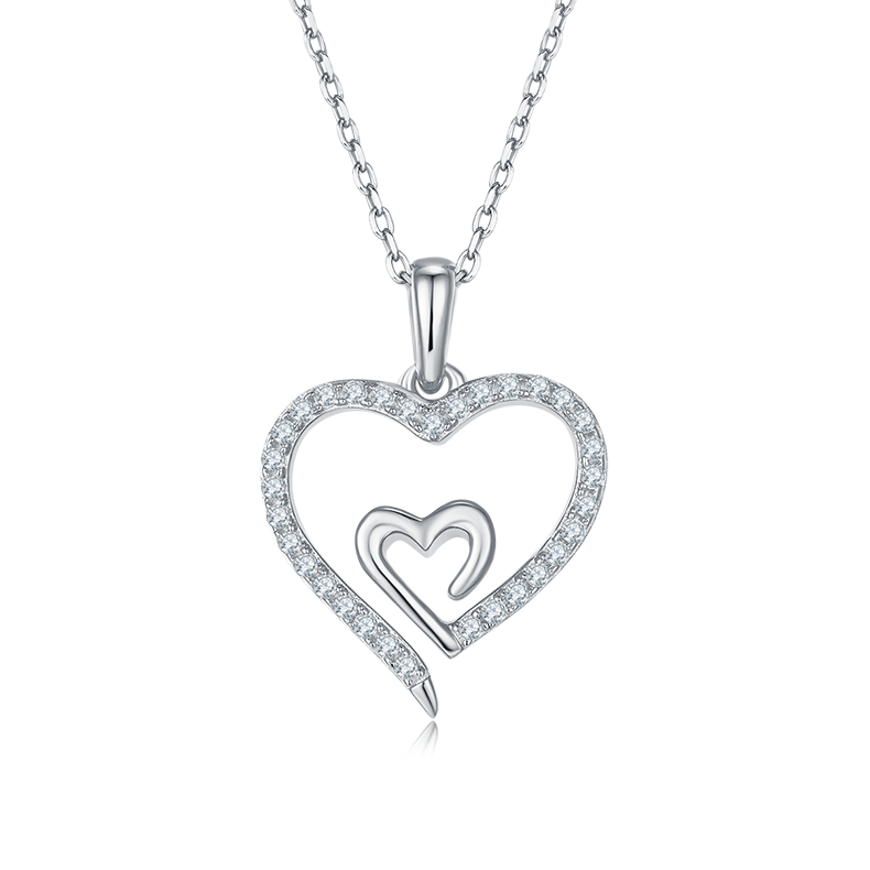 Heart in Heart Shape Pendant Moissanite Sterling Silver Necklace