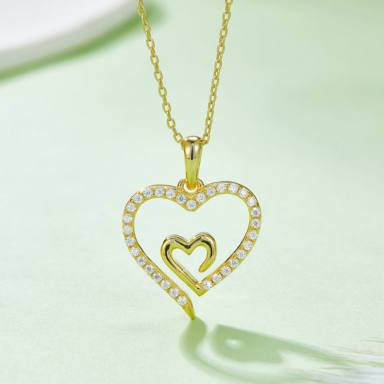 Heart in Heart Shape Pendant Moissanite Sterling Silver Necklace