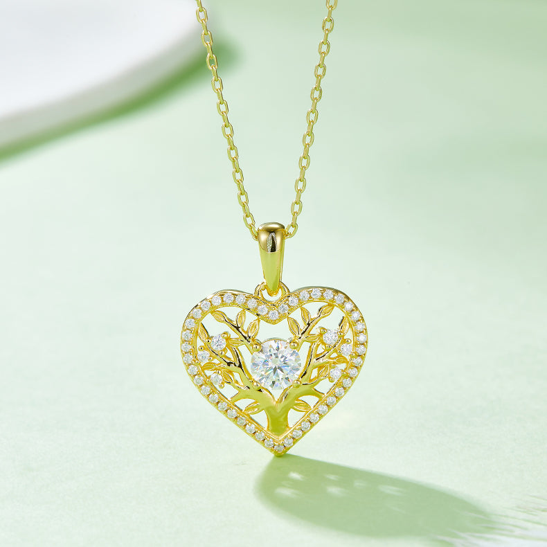 0.5 Carat Round Cut Moissanite Life Tree Heart Shape Sterling Silver Necklace